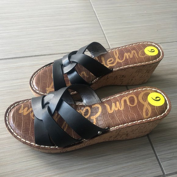 NEW Sam Edelman Black Leather Cork Wedge Sandals - Picture 1 of 3